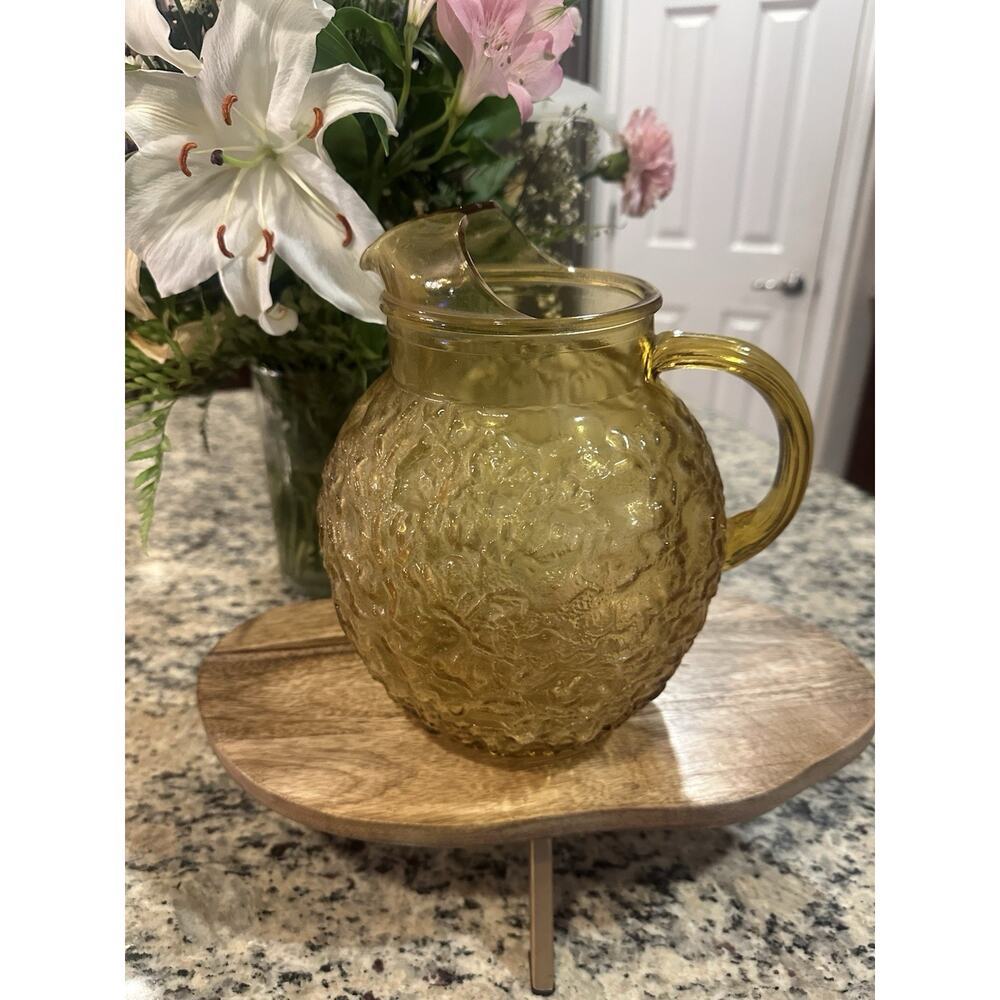 Vintage Anchor Hocking Lido Milano Crinkle Amber Honey Amber Ball Glass Pitcher